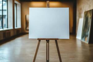 Large blank canvas on a wooden easel in a minimalist art gallery with soft lighting and blurred backgrounds, ideal for showcasing artwork photo