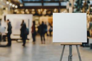 A large blank canvas on a metal stand positioned in a contemporary art gallery with visitors and soft neutral lighting photo