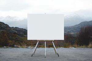 A large blank canvas on a metal stand in a tranquil gallery setting with neutral lighting and a blurred background photo