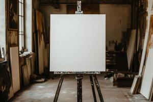 Minimalist canvas on metal stand in art gallery with neutral lighting and blurred background inviting creativity and imagination photo