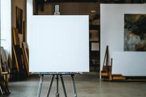 A large blank canvas on a metal stand in a gallery space with a blurred background and neutral lighting for artistic presentations photo