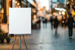 A large blank canvas on a metal stand in a gallery with a blurred background and neutral lighting for artistic mockup purposes photo