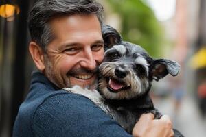 A joyful man holds his smiling schnauzer in a lively urban setting under soft daylight, showcasing their deep bond and affection photo