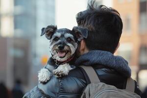 A man joyfully holds a smiling schnauzer in his arms while walking through the urban streets in soft daylight photo