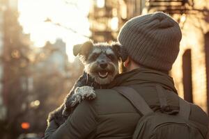 A man enjoying a sunny day in the city while holding a cheerful schnauzer on his shoulder photo