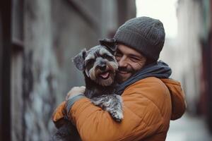 A man joyfully embraces a smiling schnauzer in a cozy urban setting under soft daylight photo