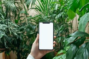 Person holding a smartphone with a blank screen in a bright room surrounded by lush indoor plants during daylight photo