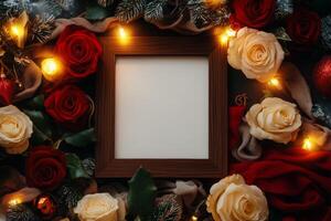 A wooden frame poster surrounded by elegant holiday decorations and roses in soft warm lighting during the festive season photo