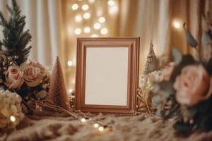 Minimalist poster in a wooden frame surrounded by holiday decor and roses, featuring warm soft lighting in a cozy setting photo