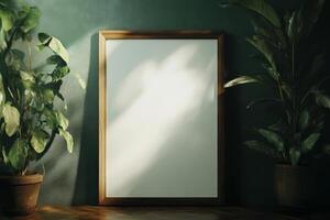 Minimalist wooden framed poster on a dark green wall with plants, showcasing a bright empty canvas in soft lighting photo