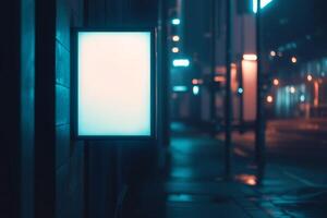 Minimalist poster mockup on modern urban building at night with neon lights and motion blur photo