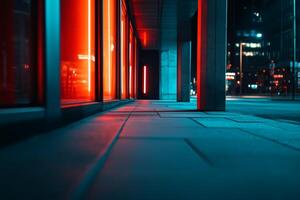 Minimalist mockup of a blank poster on a modern urban building at night with neon lights and motion blur in the background photo