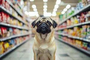 Curious pug dog exploring a grocery aisle under bright lights, capturing a humorous shopping moment photo