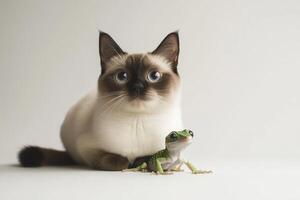 A quirky Siamese cat and a small green gecko sharing a moment on a softly lit white background photo