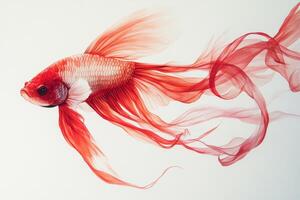 A vibrant betta fish showcases flowing red fins against a bright white backdrop in soft lighting photo