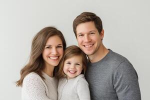 A cheerful family with a mother, father, and young child smiling together against a bright, minimalistic background photo