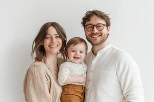 A cheerful family portrait of a mother, father, and young child smiling together in a bright, minimalistic setting photo