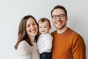 A joyful family portrait with a smiling mother, father, and young child against a bright white background photo