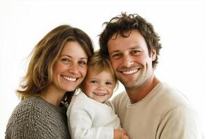 Happy family portrait with mother, father, and young child smiling together in a bright, minimalistic setting photo