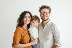Happy family portrait of a mother, father, and child with bright smiles in a minimalistic setting photo