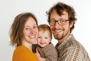 A joyful family portrait of parents and their young child smiling together in a bright, minimalistic setting photo