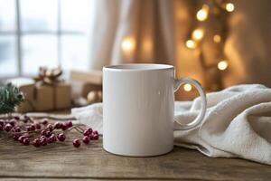 Cozy white mug placed on rustic wooden table with holiday decor and soft lighting for a warm atmosphere photo