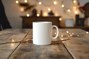 A cozy white mug on a rustic wooden table surrounded by warm holiday lights and decor photo