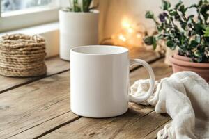 Cozy white mug on rustic wooden table with minimal holiday decor and soft lighting for a warm seasonal atmosphere photo