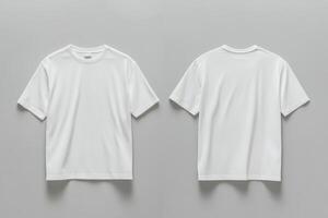 Minimalist mockup of a plain white t-shirt on a gray background showcasing front and back views with studio lighting photo