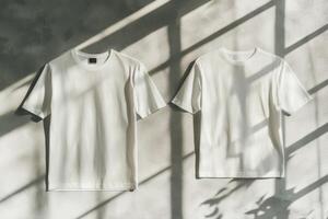 Minimalist mockup of a white t-shirt displayed on a gray background with studio lighting, featuring front and back views in a clean composition photo