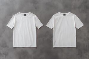 Minimalist mockup of a white t-shirt displayed on a gray background showcasing front and back views in studio lighting photo