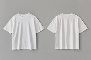 Minimalist mockup of a white t-shirt displayed from front and back on a gray background with studio lighting for promotional use photo