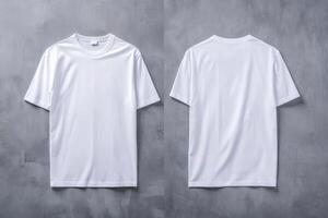 Minimalist white t-shirt mockup displayed in front and back view against a textured gray background with soft studio lighting photo