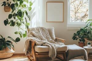 Cozy living room featuring a wooden frame surrounded by lush plants and warm daylight streaming through the window photo