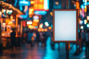 Empty billboard in a bustling city street at dusk, surrounded by neon lights and moving pedestrians photo