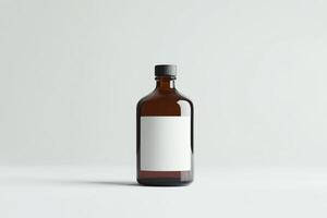 Empty glass bottle with blank label on a white background emphasizing minimalist design and studio lighting in a simple composition photo