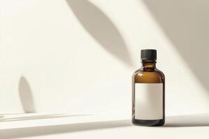 A minimalistic brown glass bottle with a blank label on a white surface, softly illuminated by studio lighting in a serene setting photo