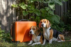 Two beagle dogs resting beside an orange suitcase in a sunlit outdoor setting, inviting thoughts of travel and exploration photo