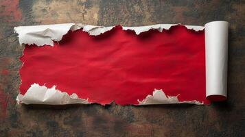 Torn red Christmas wrapping paper with blank space for festive holiday messages or greetings photo
