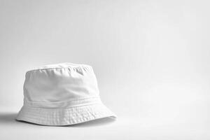A stylish white bucket hat with ample copy space set against a clean white background suitable for fashion branding or creative designs photo