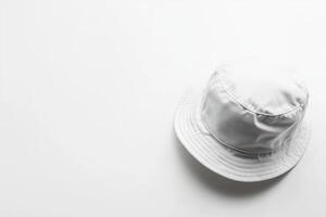 A stylish white bucket hat resting on a smooth white background, perfect for sunny days and casual outings photo