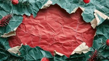 Torn Christmas wrapping paper revealing empty space, perfect for adding a festive message of joy or holiday greetings during the season photo