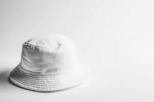 A stylish white bucket hat positioned on a light surface, creating a minimalist and airy aesthetic ideal for summer fashion ideas photo
