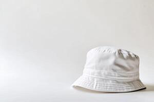 A plain white bucket hat placed on a clean white background, ideal for showcasing personalized designs or branding opportunities photo