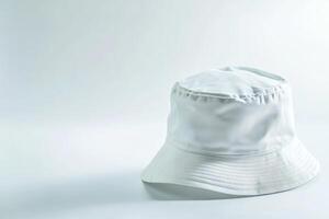 Stylish white bucket hat displayed on a clean white background, perfect for summer fashion or outdoor activities in bright light photo