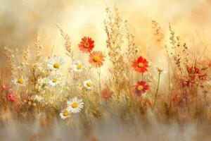 Wildflowers bloom in a sunny field creating a warm and gentle atmosphere filled with daisies and soft grasses photo