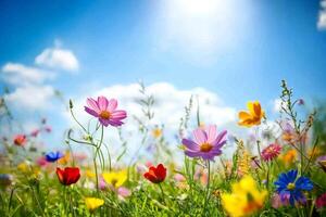 A sunny field of wildflowers swaying gently in the breeze, displaying a vibrant array of colors under a clear blue sky photo