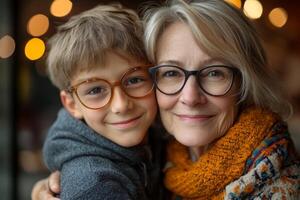 Cheerful retired mom hugs her joyful son as they share a warm moment together while enjoying quality time indoors photo