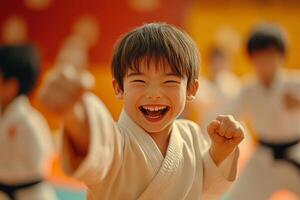 Cheerful child experiences the joy of martial arts while practicing during a colorful class in a lively dojo photo