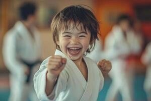 Energetic child smiles while practicing martial arts in a lively dojo with peers during an engaging class photo
